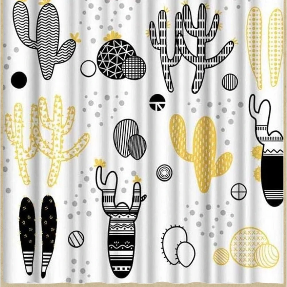 4 Pcs Cactus Bathroom Sets Black & Yellow Shower Curtain, Mat, Toilet Cover, Mat